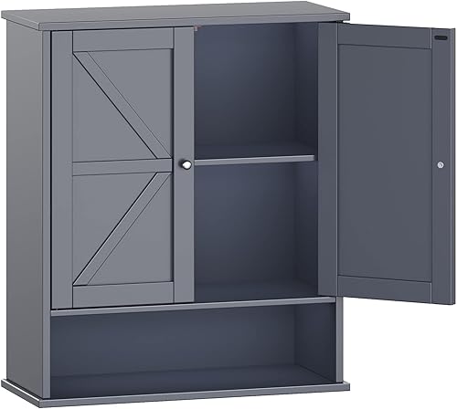 Miniatura 6 de Reettic Gabinete de pared de dos puertas, botiquín de madera, armario de almacenamiento de baño montado en la pared con estante interior ajustable,