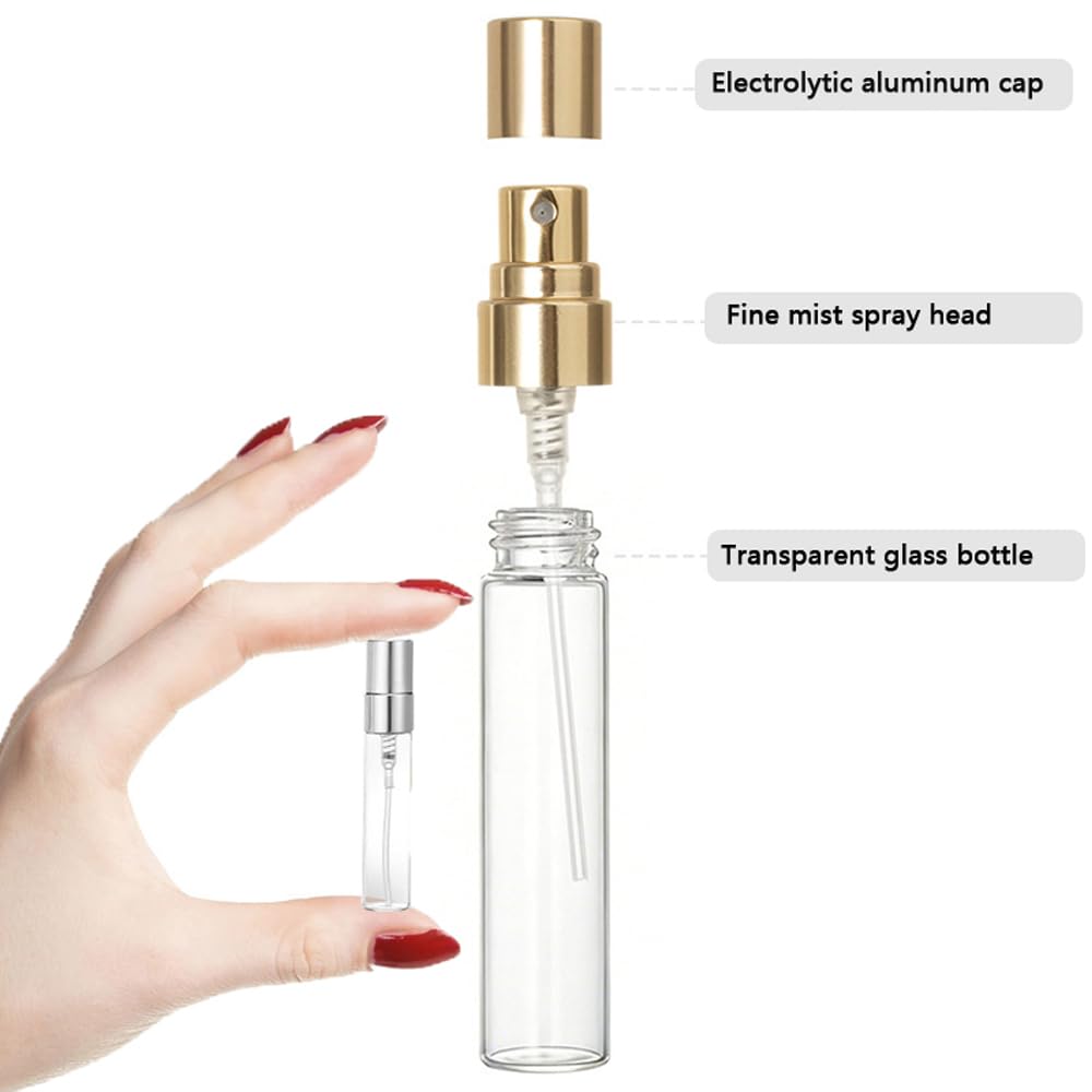 100 Unidades Botellas de Vidrio Transparente Vacías 2/3/5/10ml con Atomizador Tapa de Aluminio Hermética, Dispensadores Portátiles Perfume (Tapón negro,5ml,100)