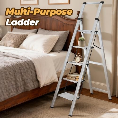 Image of HBTower 5 Step Ladder,Lightweight Aluminum Folding Step Stool with Anti-Slip Wide Pedal,330lbs Capacity Step Ladder for Household,Kitchen,Office - Sliver