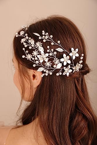 Pearls Crystal Rhinestone Headband Rose Gold Leaf Flowers Bride Hair Vine Women Girls Rose Gold Wedding Hair Accessories Rose Gold Bride Headbnad for Wedding Women and Girls - Image 4
