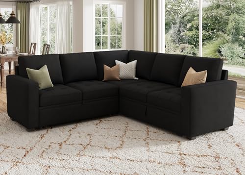 Image of HONBAY Modular Sectional Sofa with Pull Out Bed Velvet Convertible L Shaped Couch with Storage Seat Sleeper Sectional Couches for Living Room,Velvet Black