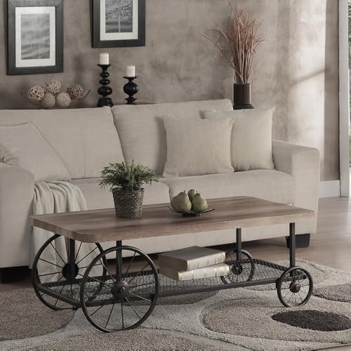 Farmhouse Wood Cart Coffee Table - Vintage Rectangular Center Table with Wheels for Living Room, Rectangular, 47.25 Inches