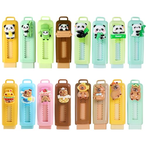 Puasok 16 Pcs Gommes Rétractables Enfants, Gommes Kawaii Cabybara & Panda, Push-Pull, Petits Cadeaux Anniversaire, Goodies Fête, Jouet École pour Fille Garçon 4 5 6 7 8 9 10 Ans