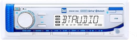Dual Electronics MXD140 Marine Radio | AM/FM Stereo Receiver | 8-Character LCD | Single DIN | Boat Radio with Built-in Bluetooth | USB Port with 2.1 A Charging | White