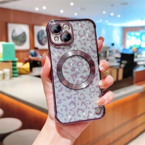 Coque magnétique iPhone 14 Plus violette pailletée pour le quotidien