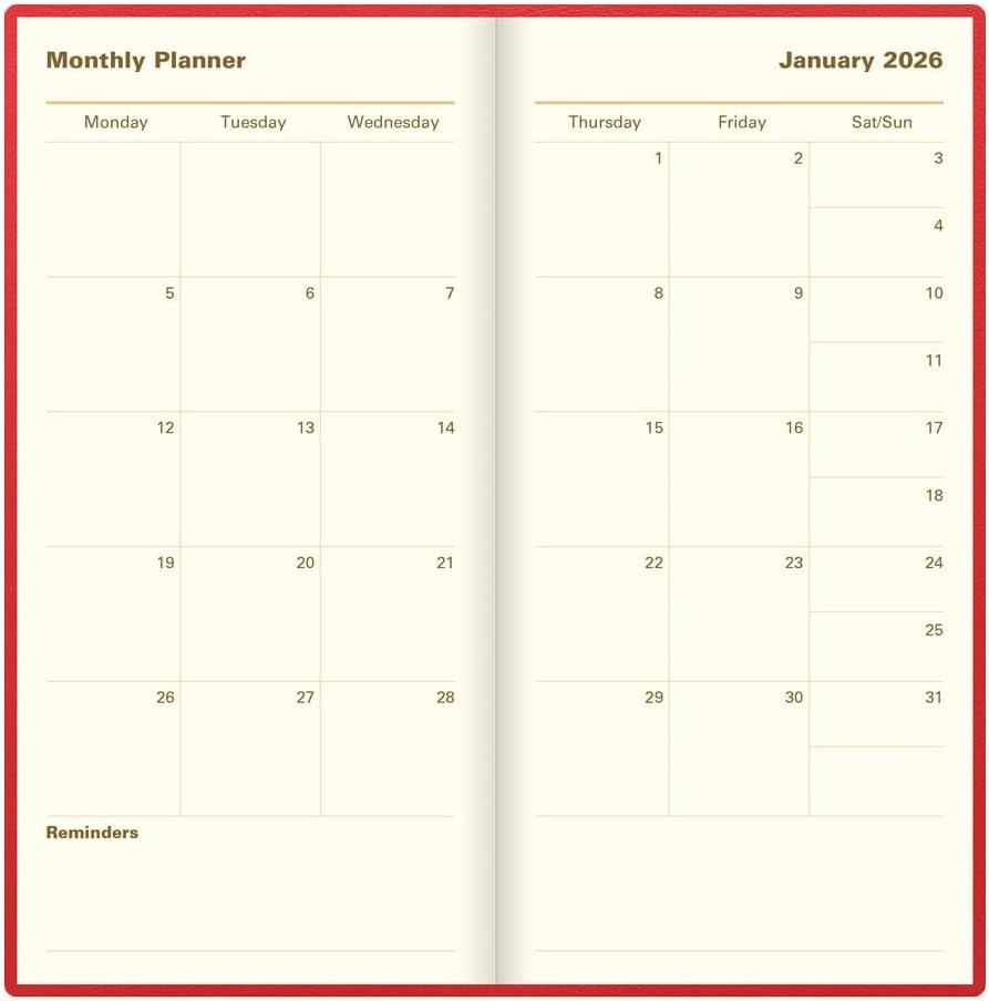 Letts of London® 2026 Belgravia Weekly/Monthly Appointment Book and Planner, 12 Months, January to December, Italian Leather, Vertical, Slim Size, 6.625" x 3.25", English, Red (C33SURD-26)