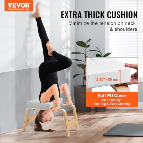 VEVOR Tabouret d'Inversion de Yoga Charge 136 kg, Chaise de Yoga Cadre en Bois et Coussin en PU, Banc de Yoga pour Faire Le Poirier, pour Entraînement de Force et d'Équilibre, Salle de Sport, Blanc – Image 3