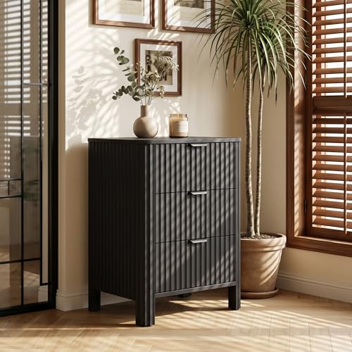 Image of Wodeer 3 Drawer Black Dresser for Bedroom, 20 inch W Wood Storage Cabinet with Fluted Design, Modern Chest of Drawers for Living Room, Nursery Clothing Organizer with Metal Slides, Anti-Tipping