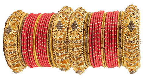 NMII Non-Precious Metal Base Metal with Zircon Gemstone Or Curved Shaped and Polka Dots Glossy Finished Chuda Set For Women and Girls, (Red1_2.6 Inches), Pack Of 40 Bangle Set