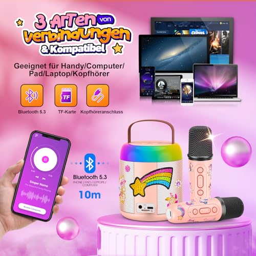 Gralal Karaoke Maschine mit 2 Mikrofon Kinder, Einhorn Geschenke für Mädchen Geschenk Mädchen 3-12 Jahre, Tragbarer Karaoke Mikrofon Kinder Einhorn Spielzeug ab 3-12 Jahre Mädchen