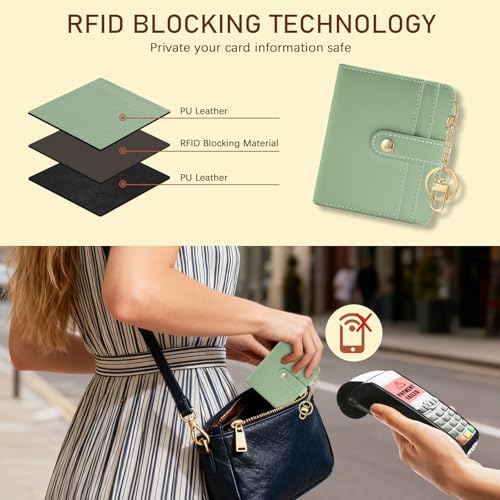 Image of Jogjam Green Rfid Ladies Wallet, Small Slim Thin Compact Credit Card Women Wallet, PU Leather Bifold Cash Zipper Coin Pocket ID Window for Female