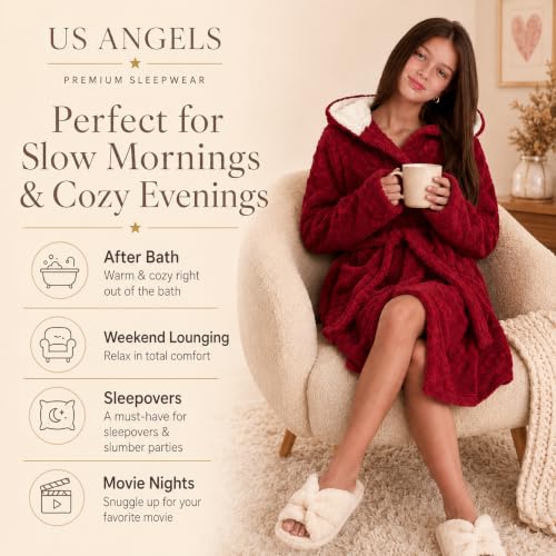 Image of US Angels Plush Robe For Girls- Plush Winter PJ Robe With Pockets, Hoodie & Belt- Ultra-Soft Bathrobe