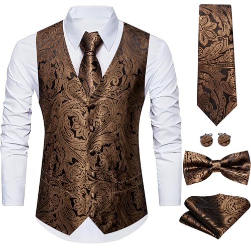 Image of Barry.Wang Men's Suit Vest Tie Bowtie Set Formal Silk Paisley Waistcoat Hanky Cufflinks Lapel Pin Set Wedding Party 7PCS