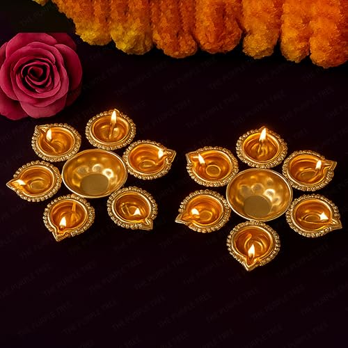 Image of The Purple Tree Mini Diya Urli Bowls with 5 diyas (Pack of 2) Diyas for Home Decor, Diwali Decorative Candle Holder, Candle Holder, Gifts for Housewarming, Candle Diya Holder