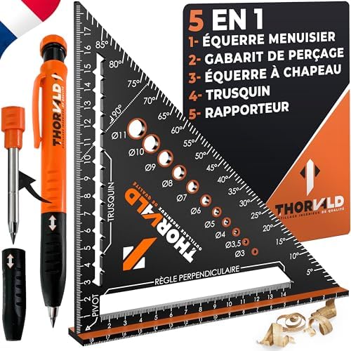 THORVALD 5 en 1 Equerre Menuisier 180 mm + Crayon Chantier - Mult...