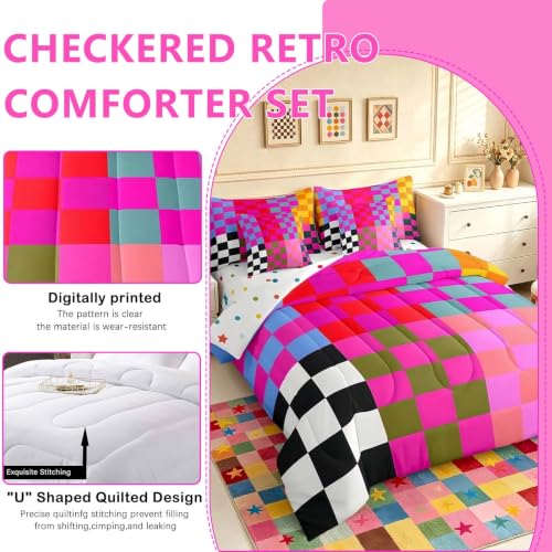 Image of Feelyou Multicolored Checkered Retro 7 Piece Bedding Set Kids Boys Girls Geometric Vintage Comforter Set with Sheets Queen Size Black Red Purple Bed in a Bag Modern Simple Groovy Aesthetic Room Decor