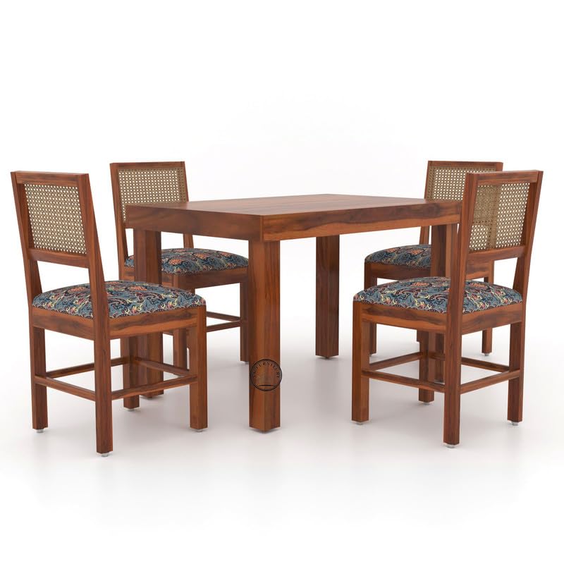 Image of VK Furniture Sheesham Solid Wood 4 Seater Dining Table Set of Four with 4 Print Cushion Cane Chairs for Dinner Hall Kitchen Living Room Home Office Restaurant |L45 X W30 X H30|Honey Finish