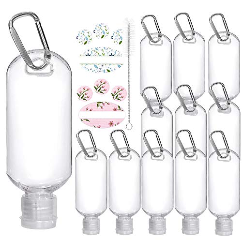 12 Pack 2 oz/60ml Clear Empty Plastic Bottles with Flip Top Cap,Mini BPA/Paraben Free Squeeze Keychain Bottles Travel Bottles for Shampoo, Toner, Lotion, Cream,etc. Include 1Brush, 18 Labels.