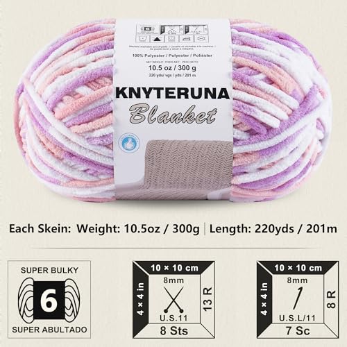 Image of #6 Super Bulky Blanket Yarn for Crocheting - 4 Skeins(Each 10.5oz /300g, 220yds /201m), Chunky Chenille Thick Plush Big Soft Yarn for Crocheting Knitting Blankets, Purple & Pink & White