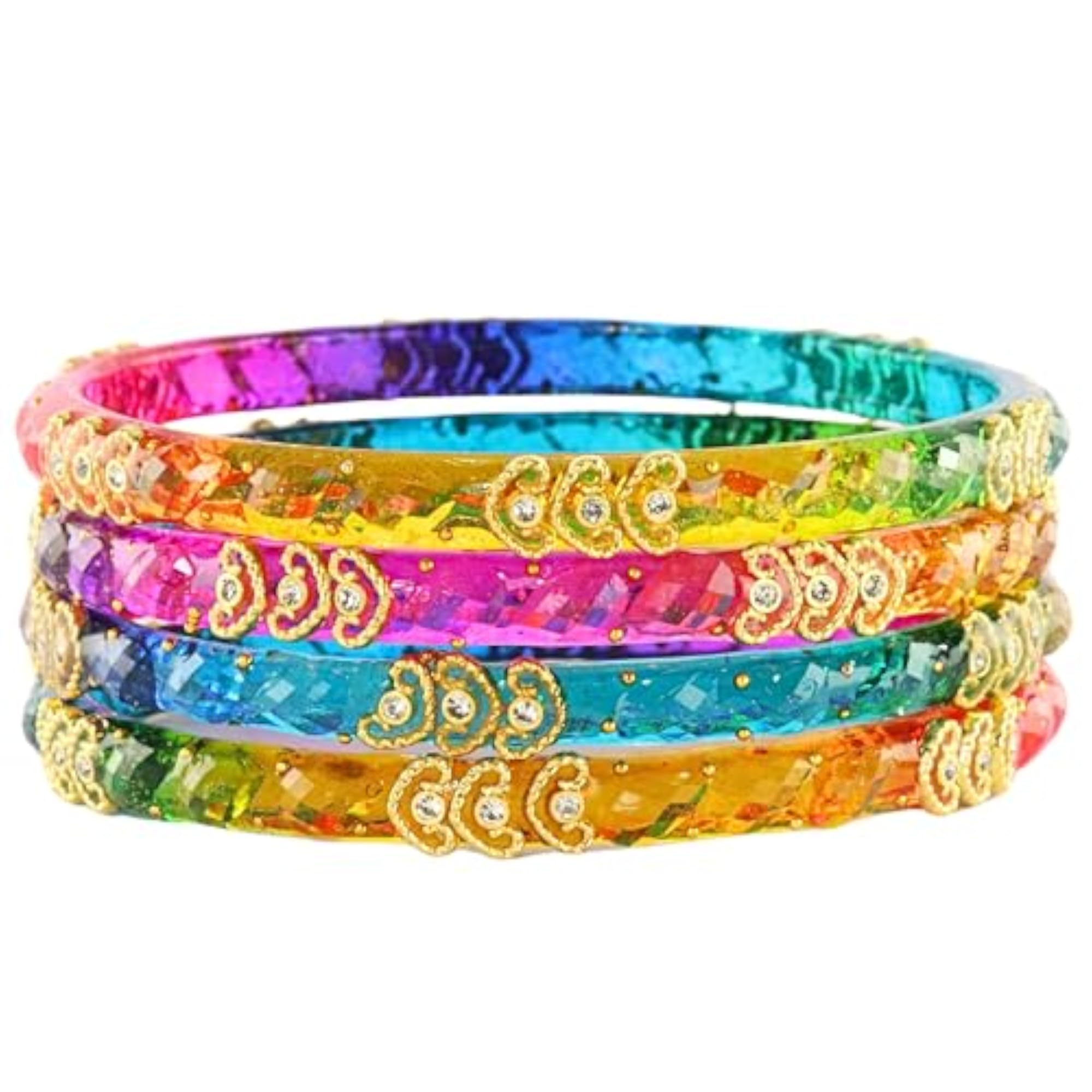 Stylish Glass Kada Set with Zircon Gemstone & Heart Shape Beads, Elegant Bangles