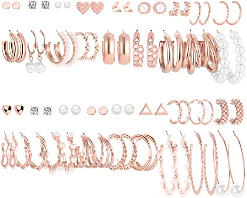 36 Pairs Gold Earrings Set for Women Girls, Fashion Pearl Chain Link Stud Drop Dangle Earrings Multipack Statement Earring Packs, Hypoallergenic Earrings for Birthday Party Christmas Jewelry Gift (3-rose gold-36pairs)