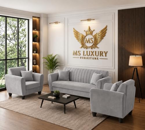Image of MS Luxury FURNITRE Premium Luster 3-1-1 Sofa Set | 3 Seater | 5 Seater | Velvet Suede Fabric | 7 Colours with Sollid fibare Legs & 4 Cushion Free. (Grey, 3+1+1)