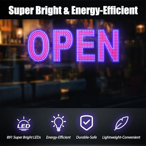 Image of Open Sign for Business, 30 inchx10 inch Dimmable Large LED Open Signs with Hanging Installation for Bar Pubs Store Restaurant Office Hotel Salon (Red & Blue)