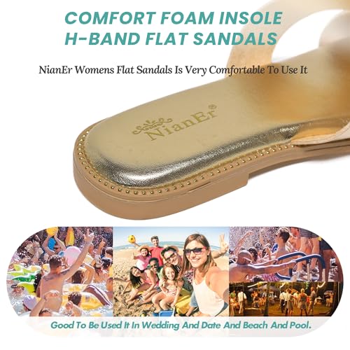 NianEr Womens Microfiber Leather Memory Foam Support H Sandals Dress Dressy Slip On Casual Cute Comfort Bride Bridal Wedding Designer Date Flat Sandals Summer Shoes Slides2