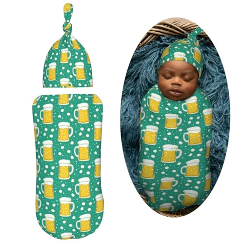 Image of Cartoon Beer Mugs Newborn Swaddle Blankets Hat Sets Soft Baby Receiving Blanket Swaddle Sack for Baby Shower Infant Boy Girl Gift