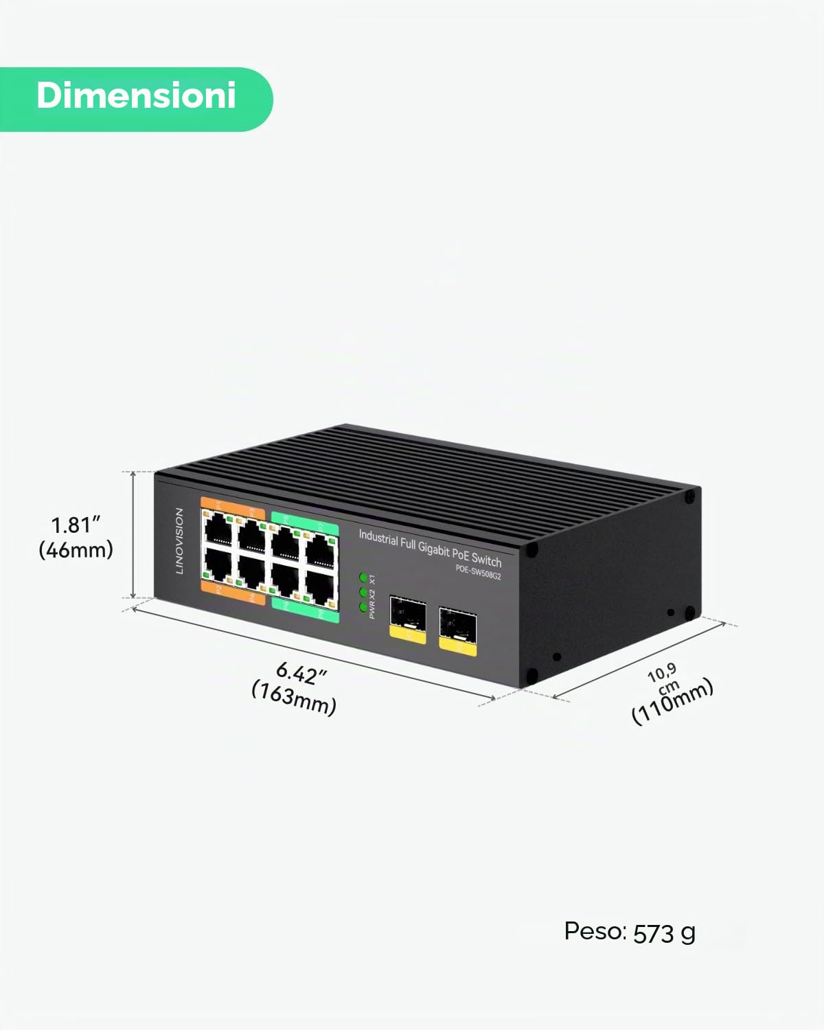 LINOVISION Switch Poe Industriale a 8 Porte Full Gigabit Non gestito con 2 uplink SFP, 4 Porte BT 90 W, Poe Watchdog, Potenza ridondante, Switch Poe DIN-Rail Poe per Illuminazione PTZ Fotocamera/Poe