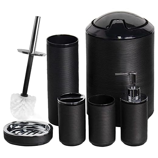 CERBIOR Bathroom Accessories Set 6 Piece Bath Ensemble Includes Soap Dispenser, Toothbrush Holder, Toothbrush Cup, Soap Dish for Decorative Countertop and Housewarming Gift, Black