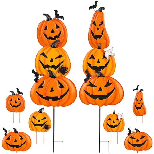 2 Pack Halloween Garden Stakes - Stacked Metal Pumpkins Jack-o-Lantern Lawn Decor, Scary Metal Yard Signs Stake Outdoor Decorative Pumpkin Home Lawn Pathway Decor
