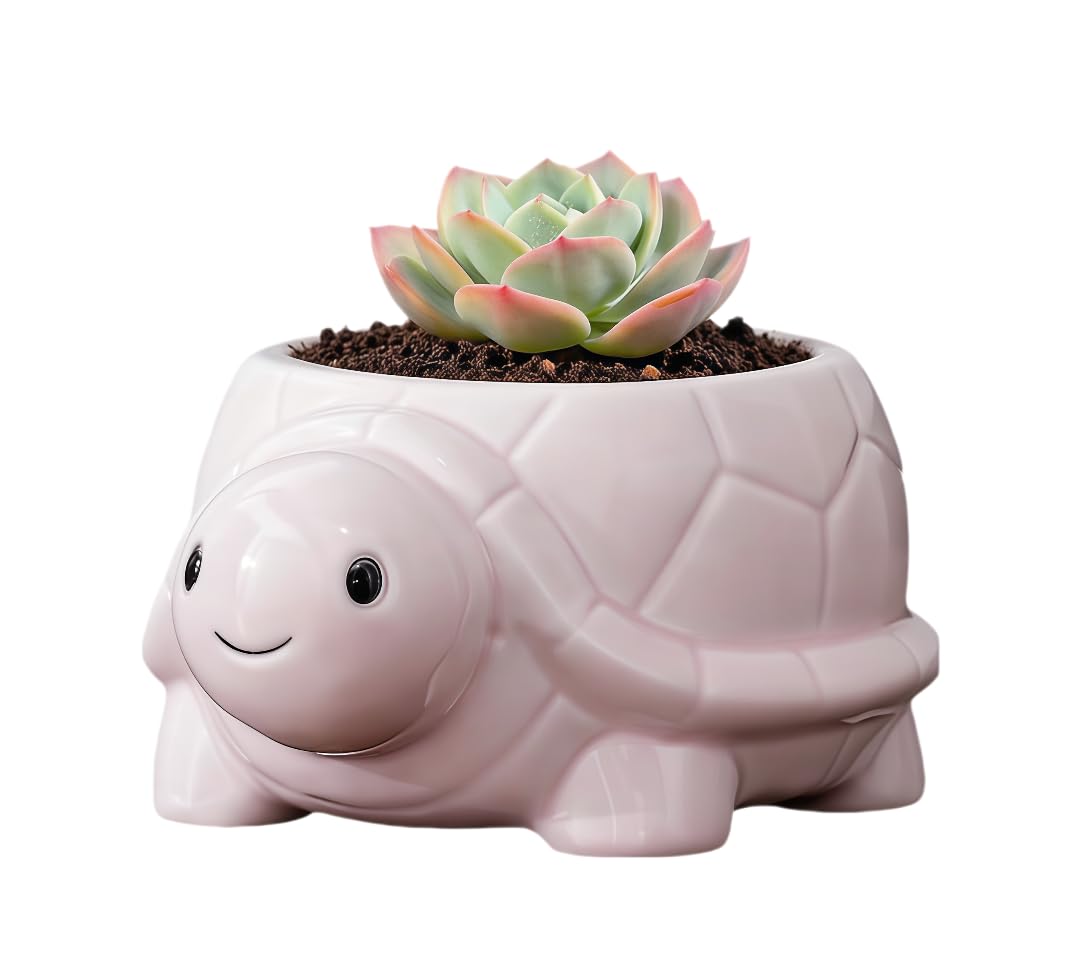 SJBAG Turtle Shaped Ceramic Succulent Planter with Drainage Holes, Hand - Painted Animal Pot for Indoor Cactus & Succulents, Unique Home Decor & Gift (4.3" Pink)