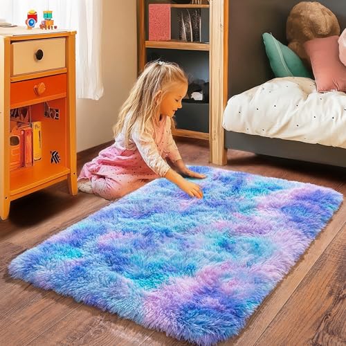 Small Rugs for Bedroom, Fluffy 2x3 Rug Throw Non Slip for Bedside Dorm Kids Room, Plush Comfy Shag Carpet for Home Decor Aesthetic, Rainbow Purple