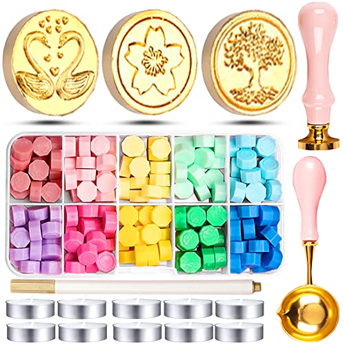 RUIJIE Kit de Sello de Lacre, 150 Perlas de Cera de Sellado de 10 Colores, 3 Sello de Cera, 1 Cucharas para Derretir, 10 Velas de Té, 1 Bolígrafo, para Sobres, Invitaciones de Boda, Regalo