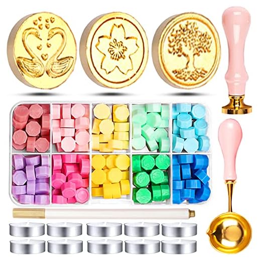 RUIJIE Kit de Cachet de Cire, 150 Pièces Perles de Cire à Cacheter avec 3 Tampon à Cire, 10 Bougies à Thé, 1 Cuillère & 1 Stylo Métallique pour Mariage Carte Enveloppes Emballage Cadeau (10 Couleurs)
