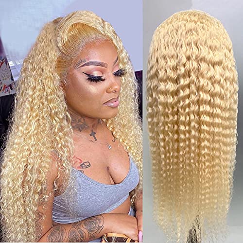 Blonde Curly Lace Front Human Hair Wigs Bleached Knots 13x4 Deep Wave Wigs Pre Plucked with Baby Hair Brazilian 613 Colored Wavy Wig for Women Full Head 14 inch