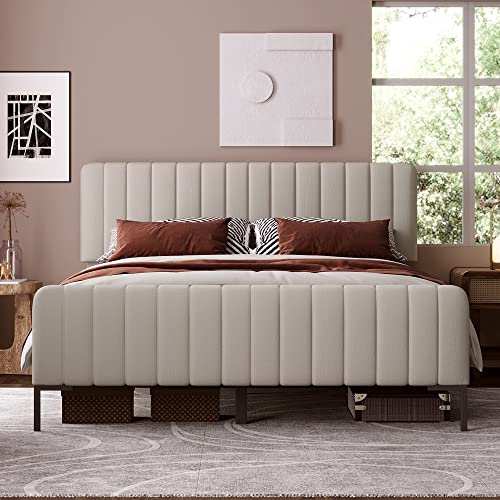 REXO Letto matrimoniale, imbottito in grigio e beige, struttura del letto con rete a doghe e testiera regolabile, telaio del letto per ragazzi per camera da letto, camera degli ospiti, materiale di