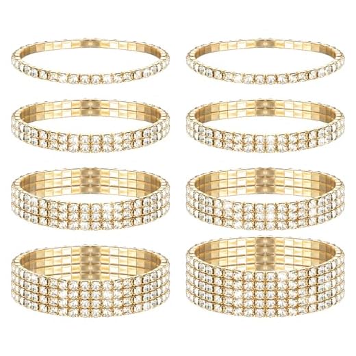GEEHUA 8 Stück Glitzer Armband Damen, 16–20 cm Umfang Strass Armreifen Set stapelbare Strass Stretch Armreif Kristall Silber funkelndes Braut Armband Set Hochzeits für Frauen Bräute Party(Gold)