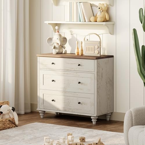 Image of WAMPAT Baby Dresser for Bedroom with 3 Drawers, Kids Dressers with Wide Chest of Drawers, Farmhouse Wooden Closet Storage Organizer, Small Dressers for Living Room, Nursery, Hallway, Rustic White
