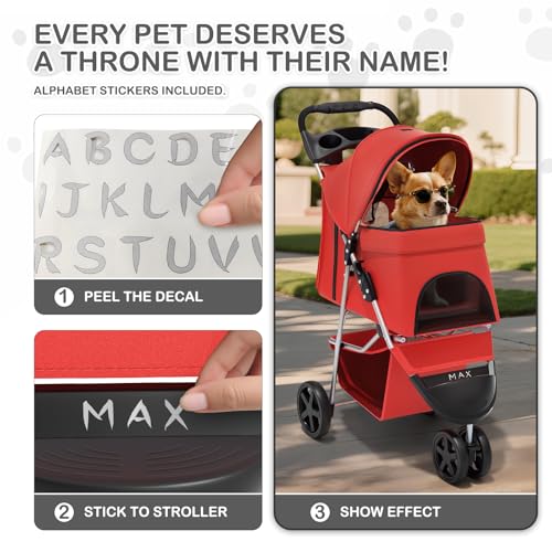Image of MoNiBloom 3 Wheels Pet Stroller, Foldable Puppy Cage Jogger Stroller with Weather Cover for All-Season, Storage Basket and Cup Holder, Breathable and Visible Mesh for Small /Medium Pets, Red