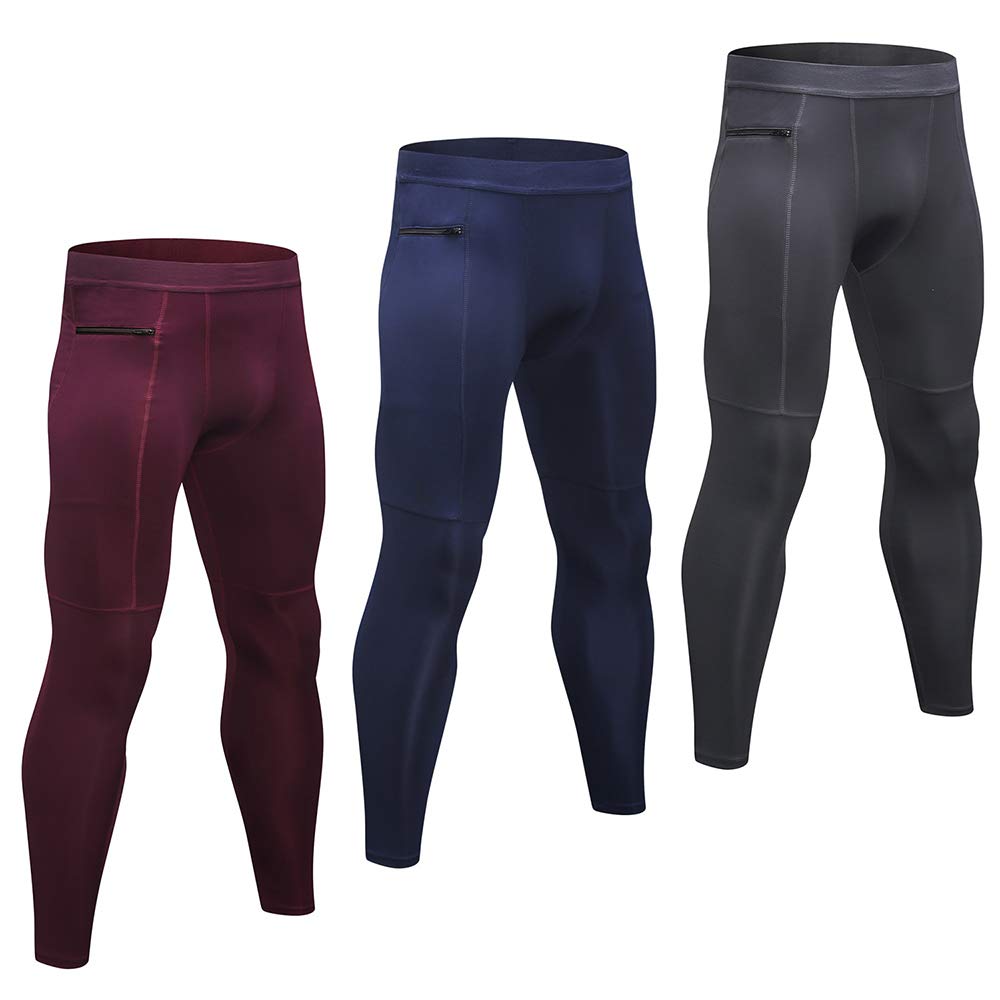 homgeel 3 Pack Men Pants Stretchable Bodycon Moisture-Wicking Quick Dry Zipper Pocket Running Tights Workout Leggings Sportswear-picture-19