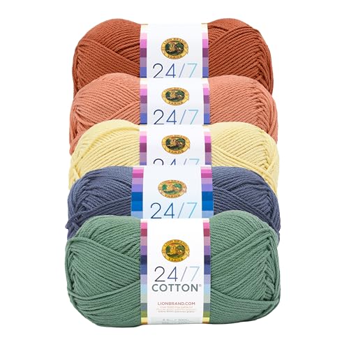 Image of Lion Brand Yarn, 24 /7 Cotton Mercerized Lightweight Yarn for Knitting, Crochet, and Crafts, Rodeo, 5 Pack, Multicolor Pack of Natural Fiber for Breathable Tops, Durable Bags, and Dish Cloths