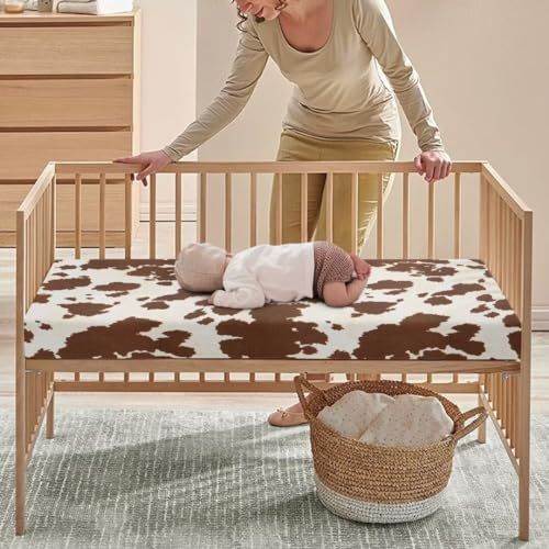 Image of Cow Print Baby Crib Sheets Neutral Breathable Bedding Sets for Cribs Fitted Removable Mattress Cover for Boys Safe and Breathable Nursery Decor Home Accessories