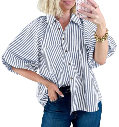 Image of Tankaneo Womens Short Puff Sleeve Button Down Shirts Striped Trendy Casual Loose Fit Blouse V Neck Collared Tops