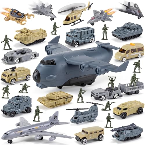 XDUOYJOY 33 in 1 Military Airplane Toy with Army Men Action Figures, Army Toys Playset with Vehicles Tanks Trucks Plane Helicopters Fighter Jets and Play Mat, Gifts for Boys Girls