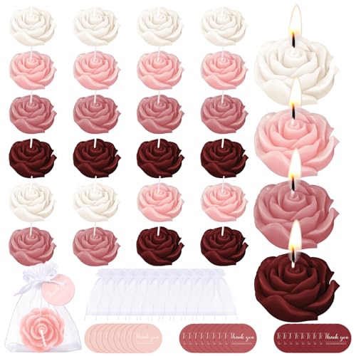 Treela 24 Setflower Candles Wedding Favor for Guests Mini Burgundy Rose Shaped Tealight Candles for Return Gift Wedding Birthday Bridal Shower Housewarming Party