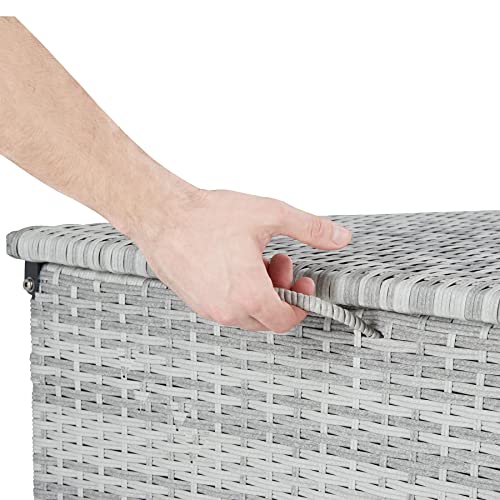 Foto von tectake® Aluminium Polyrattan Aufbewahrungsbox mit Deckel, 750L, Gartenkiste wetterfest, Gartenbox mit Gasdruckfedern, Garten Auflagenbox, UV-beständig, rostfrei, Stauraum, 145x82,5x79,5 cm - hellgrau