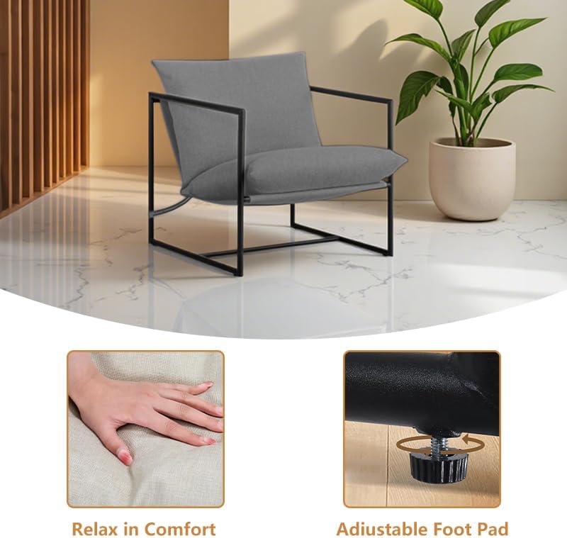 Mid Century Modern Decor Accent Chair,Indoor/Outdoor Comfy Lounge Chair with Cushion&Arm&Iron Frame,Reading Leisure Chair for Bedroom/Living Room,Grey