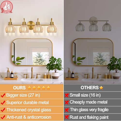 Image of 4-Light Bathroom Light Fixtures, 27 inch Brushed Gold Vanity Lights for Bathroom with Ribbed Amber Tulip Glass Shade, Vintage Bathroom Vanity Lighting Fixtures Over Mirror for Bedroom Living Room Hallway